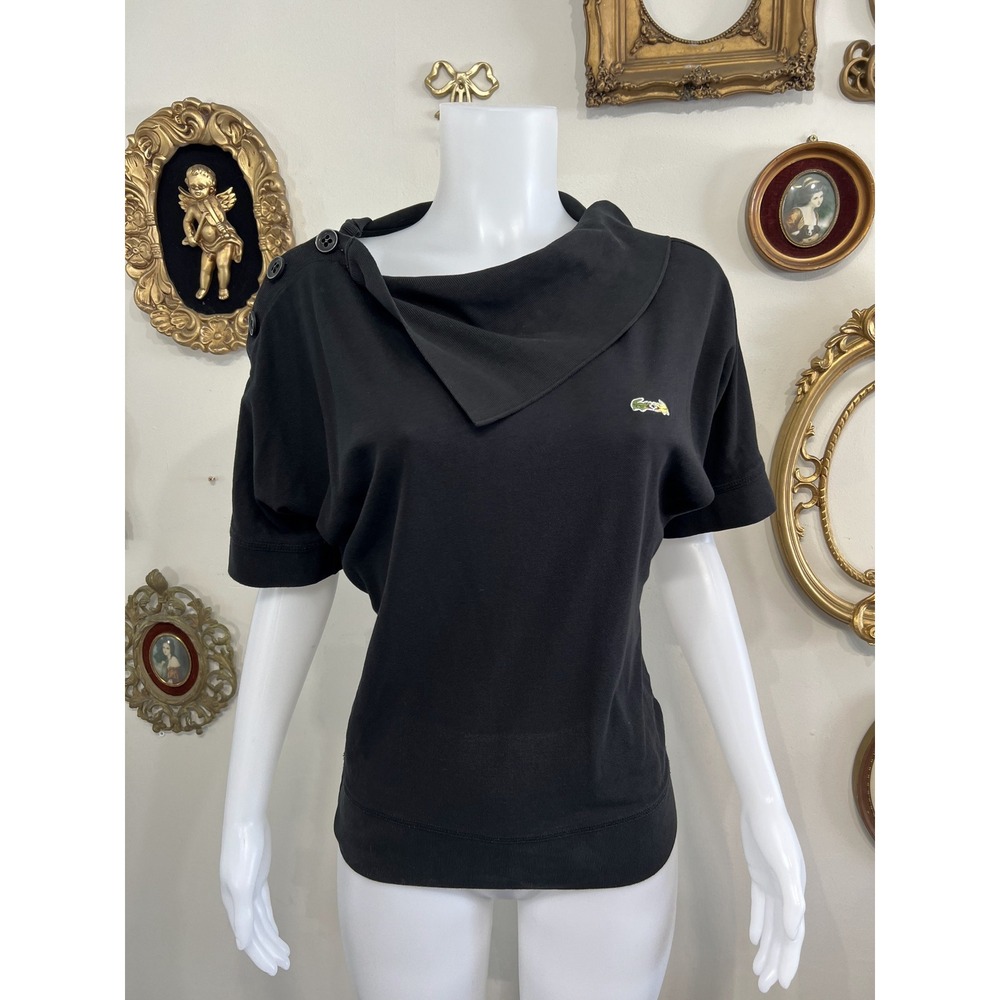 Lacoste + Malandrino Black Asymmetric Cowl Neck Top Size XS